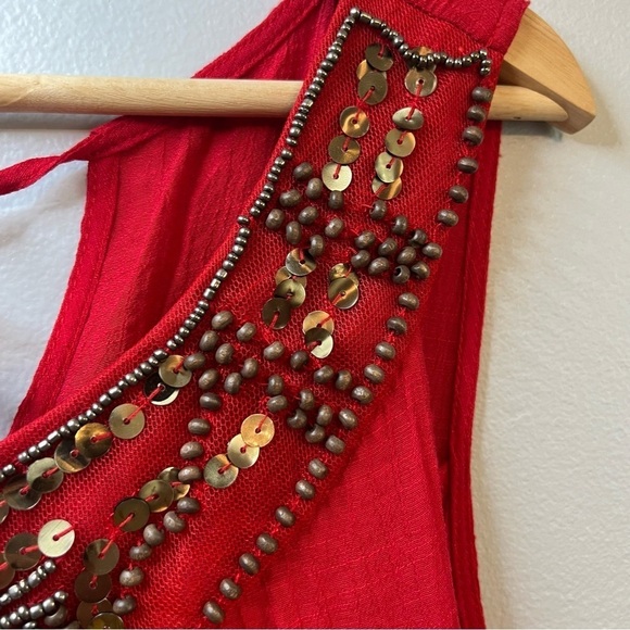 AGB Red Sleeveless Maxi Dress Waistband Lined Sequins Beaded Gauze Sz L Flowy - Picture 4 of 14